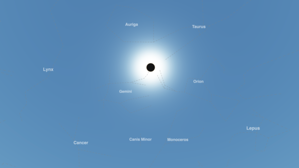 Screenshot from the timeanddate Night Sky Map showing the start of annularity (June 2020 annular solar eclipse over Sirsa in India)