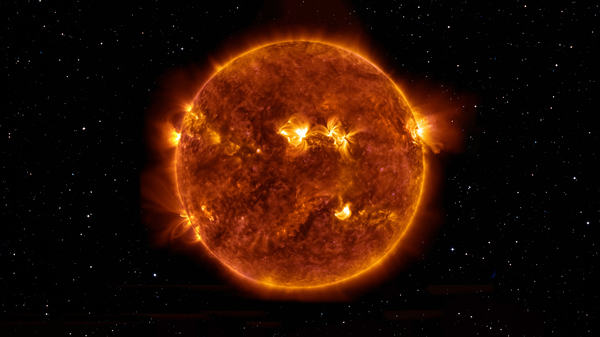 Illustration of sunspots flaring on the solar surface.