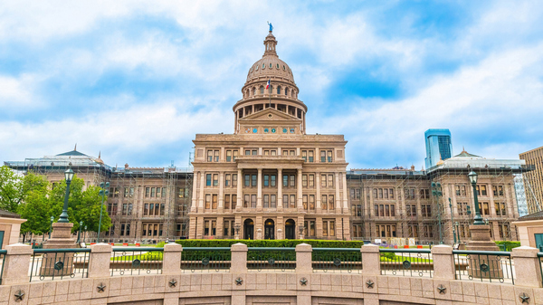 Scenic view of the Texas State Capitol building and the Capitol Extension Rotunda in Austin.