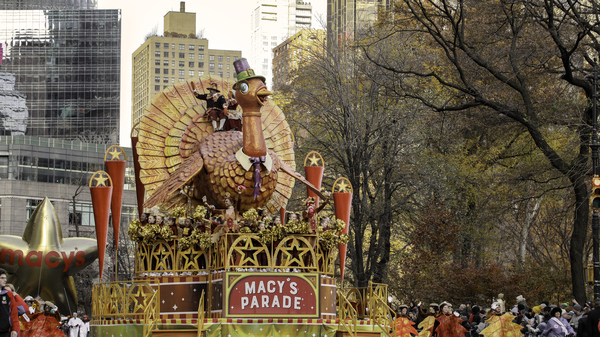 A large inflatable turkey float in the annual Macys Thanksgiving Parade, New York, USA