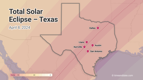 Map illustration of eclipse path going through Texas, April 8 2024.