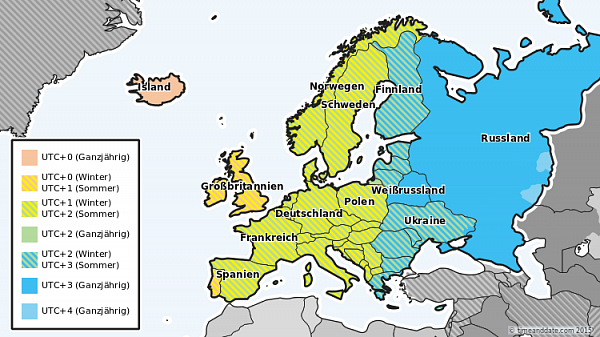 Karte mit Zeitzonen und Zeitumstellungen in Europa