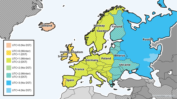 A map showing time zones in Europe.