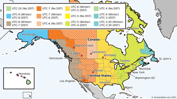 A map of time zones and DST in the US and Canada.
