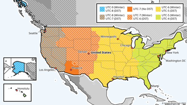 A map of time zones and DST in the US.