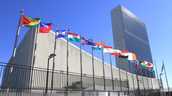 Flags from many different countries outside the United Nations Headquarters in New York City.