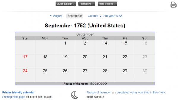 September 1752 calendar screenshot