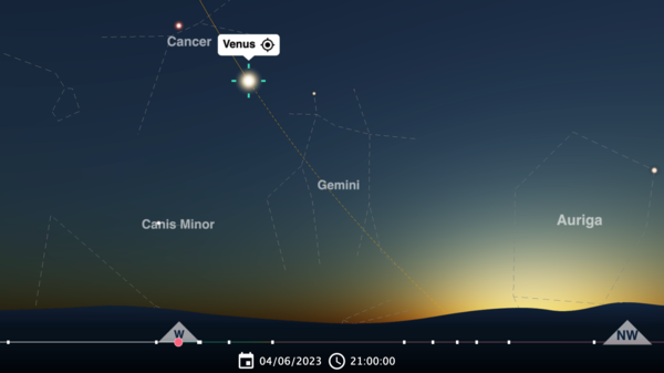 A view from our Night Sky Map showing Venus in the evening sky above New York on June 4, 2023.