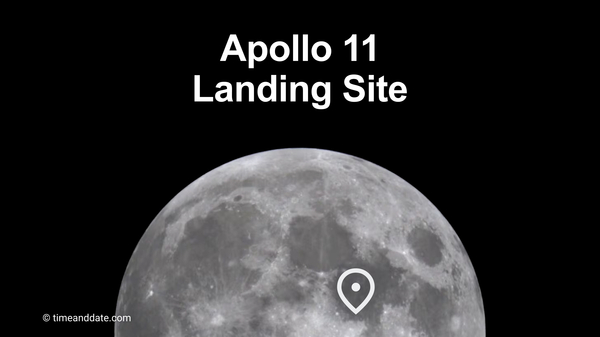 Moon on dark background with an arrow pointing to Mare Tranquillitatis (Sea of Tranquility) where the Apollo 11 mission landed.