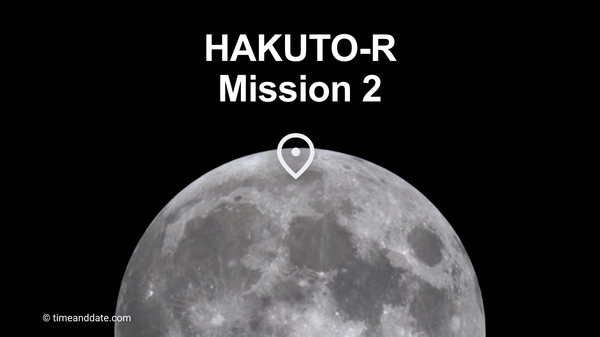 This is a photo of the Moon with Mare Frigoris (Sea of Cold) marked as the landing site for the Hakuto-R 2 mission.