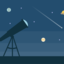 Illustration of a telescope and the night sky with planets and a shooting star