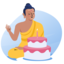 Illustration of Buddha sitting on the ground in a lotus position with a big cake in front of him.