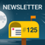 Illustration of a letterbox with the number 125 on it, with a big full moon and shooting stars on a dark sky in the background.