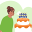 Illustration of woman blowing out candles on a birthday cake.