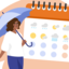 一个女人拿着雨伞，站在日历旁边的插图。