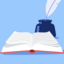 Simple illustration of an open book placed beside an ink bottle holding a quill.