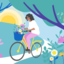 Illustration of woman with dark curly hair riding on a yellow bicycle with a basket full of flowers in a park with trees and spring flowers.