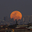 Orange Supermoon rises over a city skyline with tall buildings, dark sky, and foreground rooftops.
