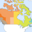 Map illustration of Canada showing the different time zones, each marked in a separate color.