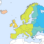 Map illustration of Europe showing the different time zones, each marked in a separate color.