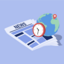 Simple illustration of a newspaper with a globe and a clock hovering above it.