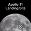Moon on dark background with an arrow pointing to Mare Tranquillitatis (Sea of Tranquility) where the Apollo 11 mission landed.