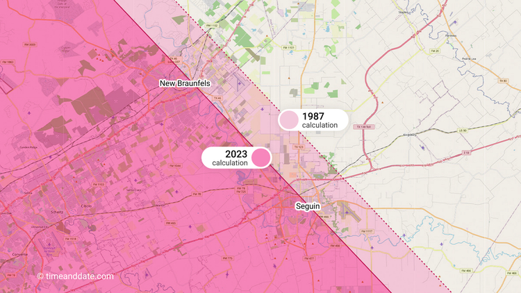 Map of New Braunfels and Seguin in Texas, with lines showing where the 2023 annular solar eclipse is visible according to eclipse predictions from 1987 compared to today’s calculations.