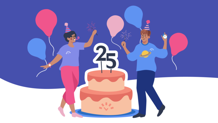 Illustration of two people celebrating with a big cake between them with big candles on top shaped like number 25 and colorful balloons floating around them.