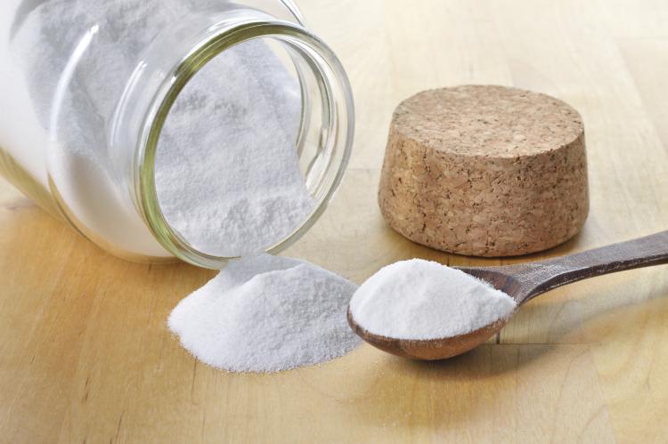 Close-up of bicarbonate of soda in a glass jar.