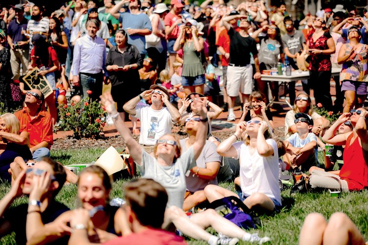 A crowd in Chapel Hill, North Carolina, watch the 2017 Great American Eclipse.