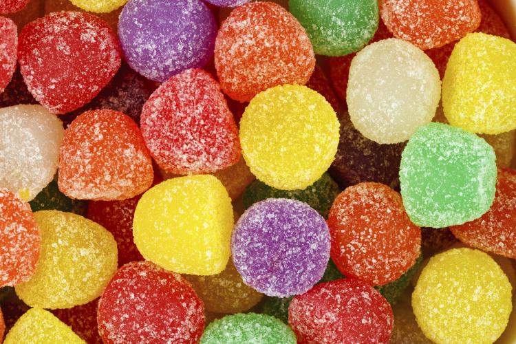 Close up of assorted multicolored gumdrops.