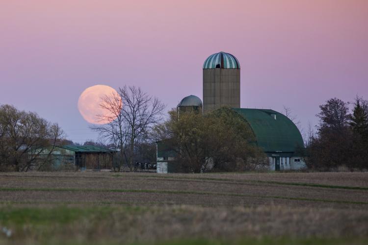 Moonrise over a farm with a barn in the backdrop.