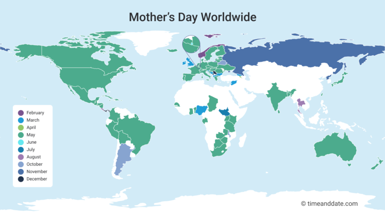 Map showing all countries celebrating a form of Mother’s Day around the world with the respective dates.