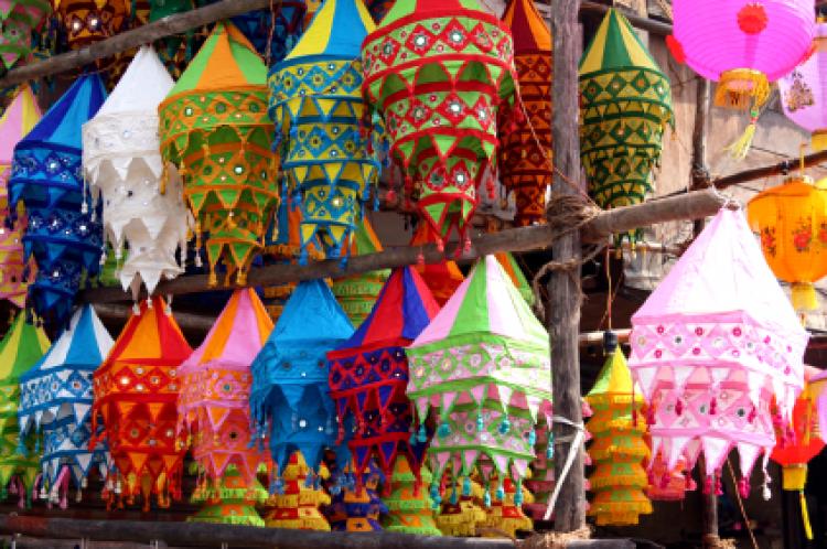 Beautiful sky lanterns made of colorful cloth for sale for the Diwali festival in India.