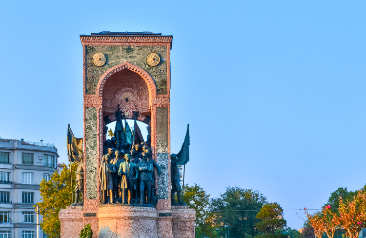 The Republic monument at Taksim Square in Istanbul, Turkey commemorates the formation of the Turkish Republic in 1923.