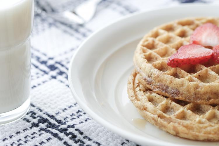 Waffles and milk for breakfast.