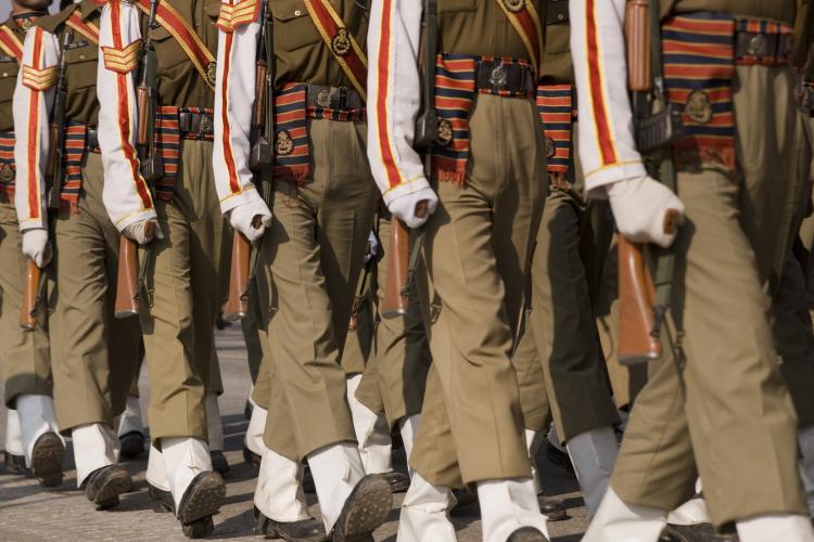 Soldiers of the Indian Army on parade during preparations for the Republic Day Parade in New Delhi, India