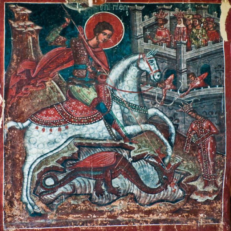 Byzantine style fresco with St George slaying the Dragon