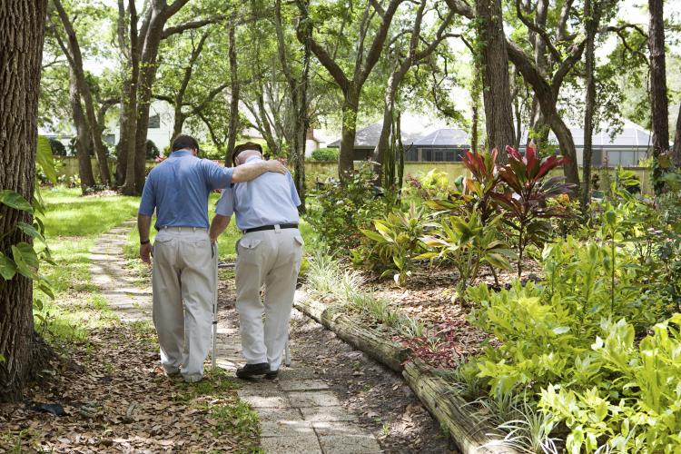 Adult son and old father walking together in a park.