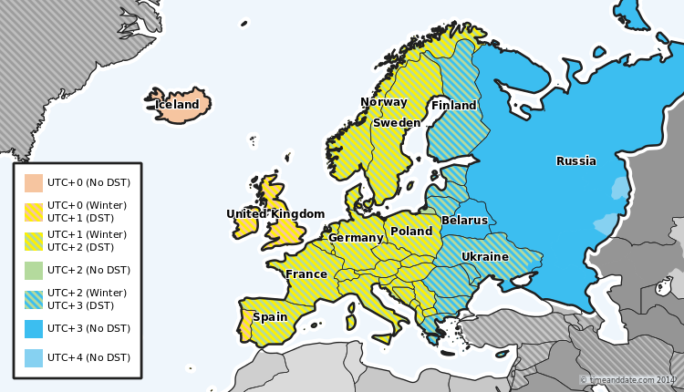 time zones in europe map Time Zones And Dst In Europe time zones in europe map