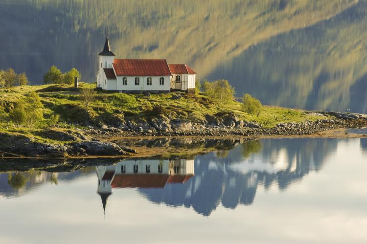 Vestpollen chapel by the sea in Lofoten, Norway.
