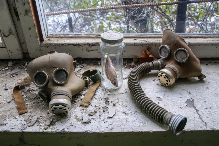 Gas masks in Pripyat, following the Chernobyl disaster.
