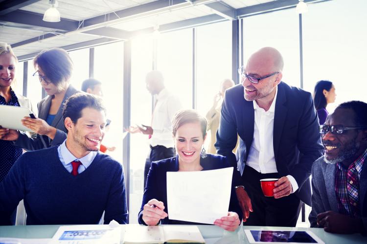 Happy employees in a sunlit room.