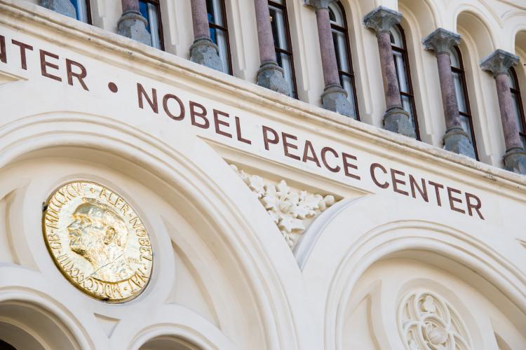 An image of the Nobel Peace Prize in front of the Nobel Peace Center in Oslo, Norway.