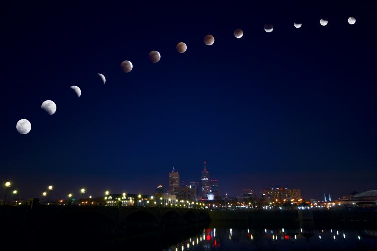 Different stages of Total Lunar Eclipse over Indianapolis, United States in February 2008.