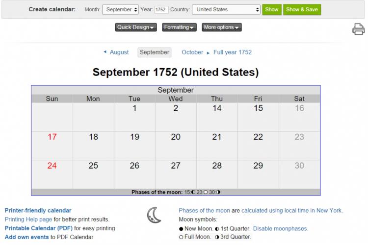 September 1752 calendar screenshot