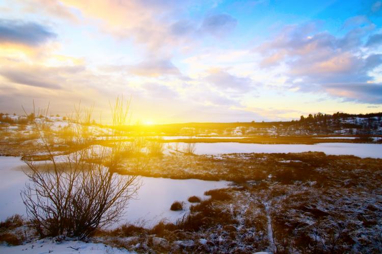 Partially snowy winter tundra landscape with sun on the horizon