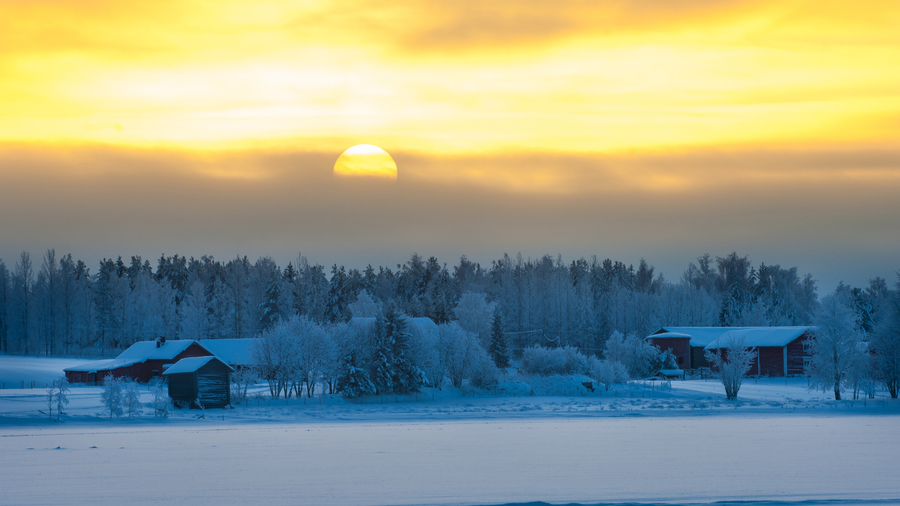 Landschaft mit tief stehender Sonne in der Abenddämmerung