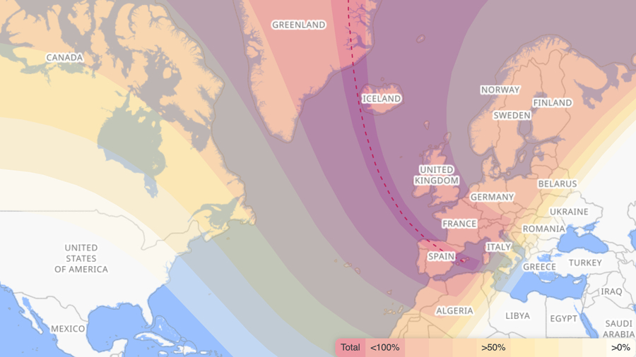Screenshot of timeanddate.com’s interactive map for the total solar eclipse on August 12, 2026.