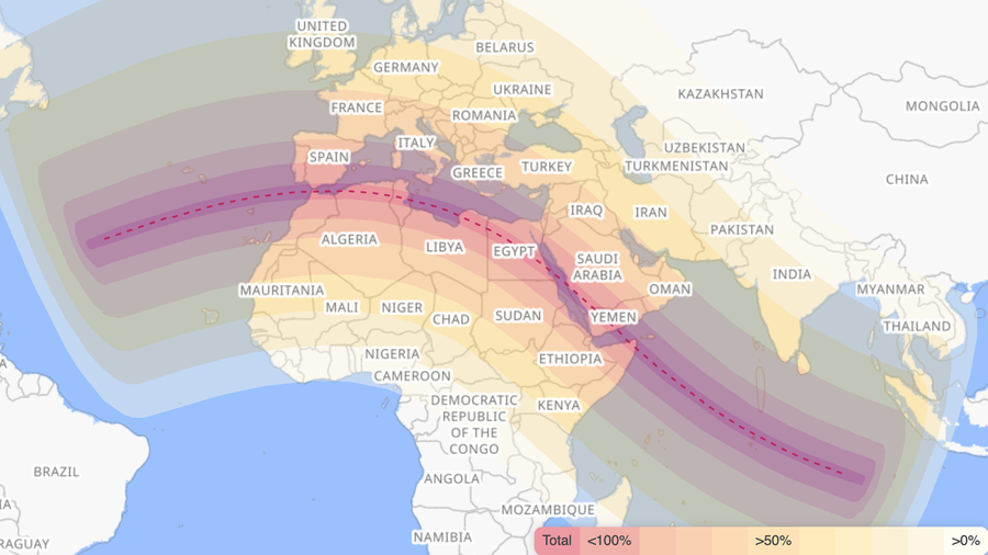 Screenshot of timeanddate.com’s interactive map for the total solar eclipse on August 2, 2027.